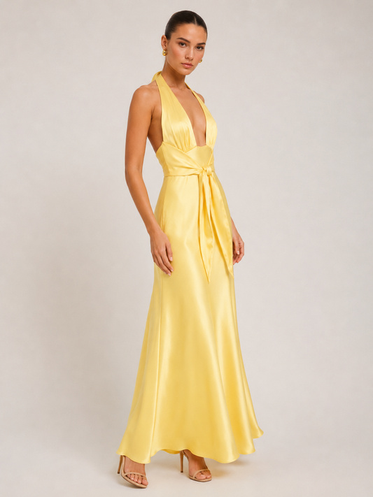 Sunshine Halter Satin Maxi Dress back