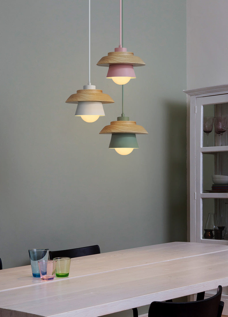 Nordic Wooden Pendant Light – Metal Shade, E27 Socket & Height-Adjustable Cable