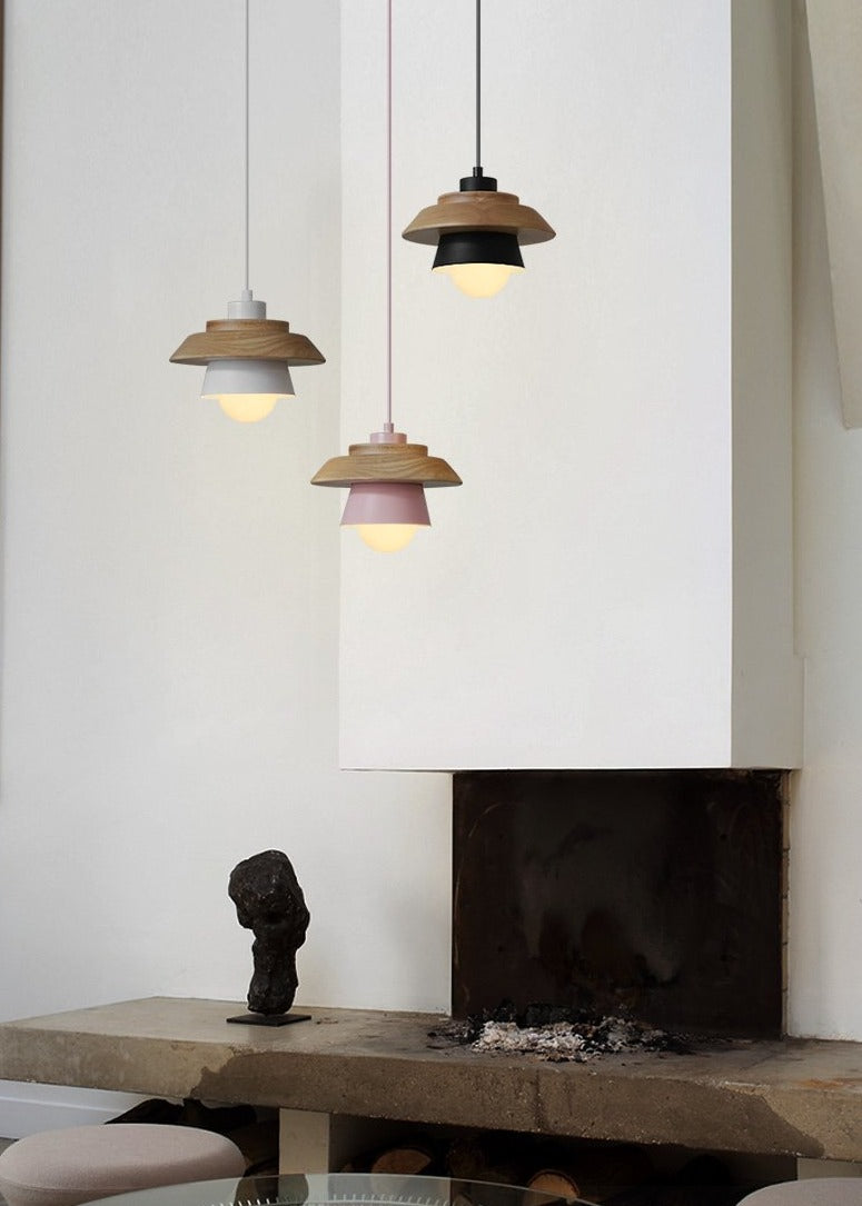 Nordic Wooden Pendant Light – Metal Shade, E27 Socket & Height-Adjustable Cable