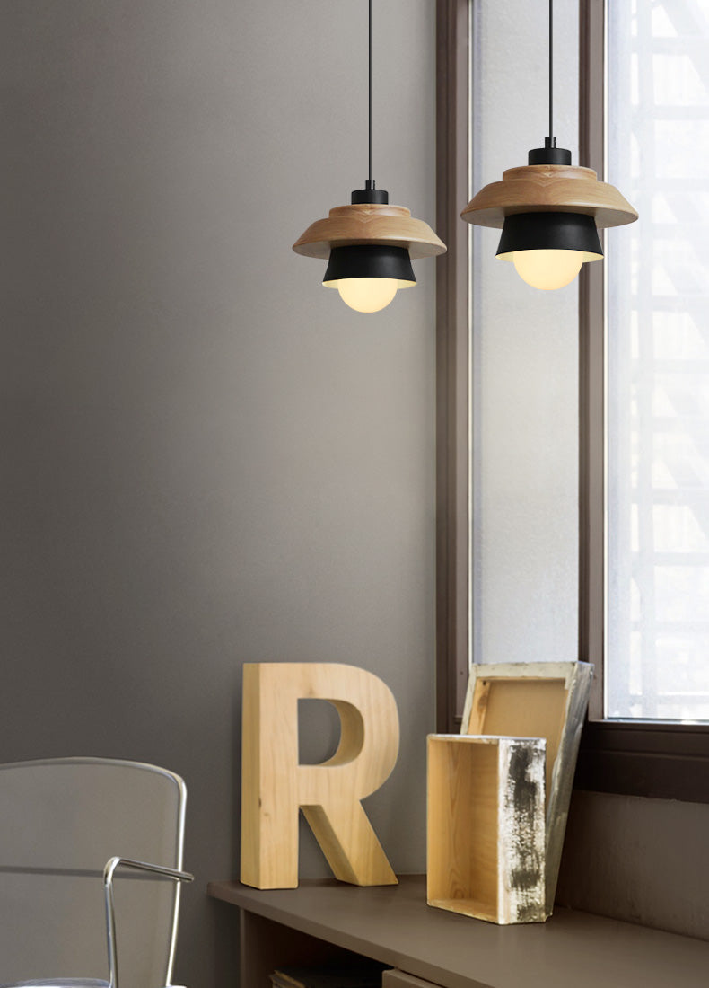 Nordic Wooden Pendant Light – Metal Shade, E27 Socket & Height-Adjustable Cable