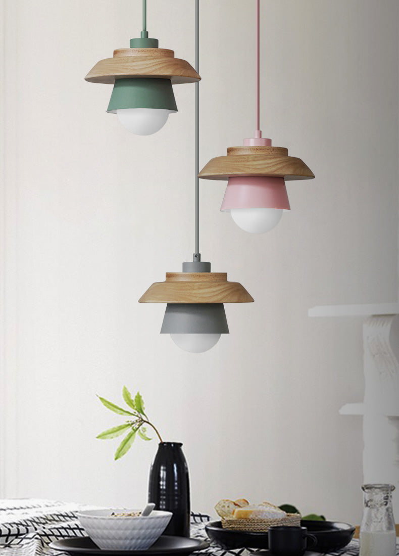 Nordic Wooden Pendant Light – Metal Shade, E27 Socket & Height-Adjustable Cable