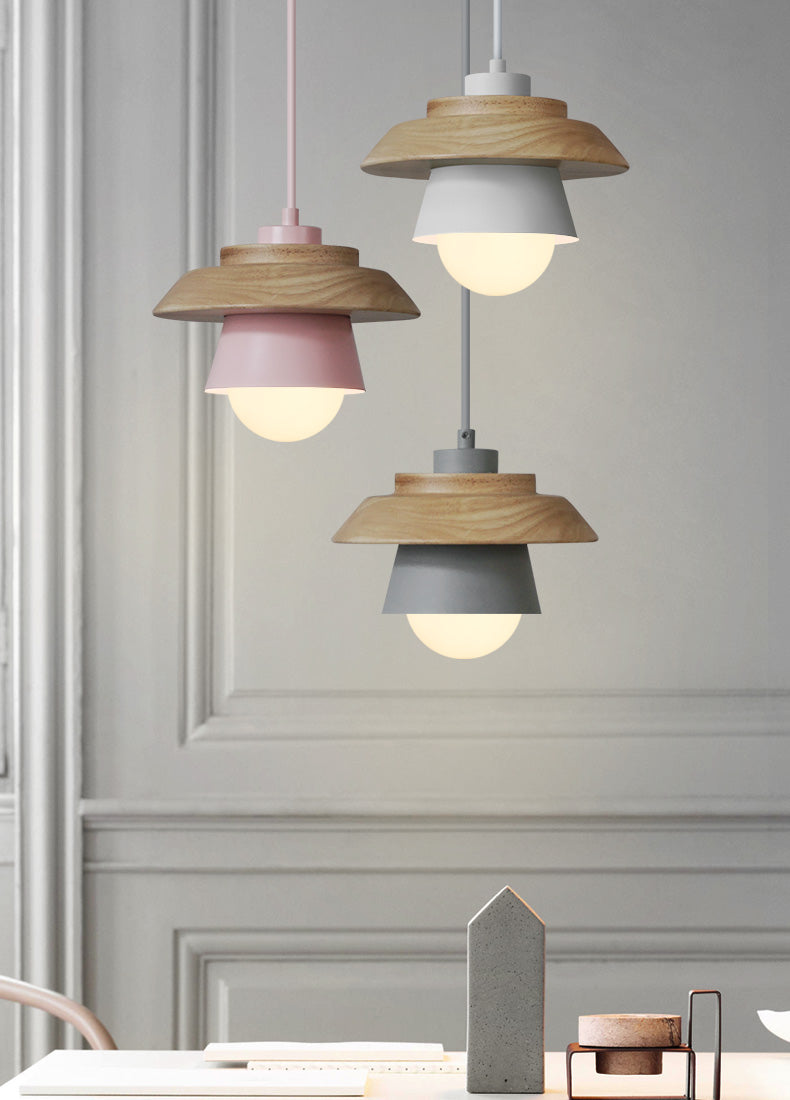Nordic Wooden Pendant Light – Metal Shade, E27 Socket & Height-Adjustable Cable
