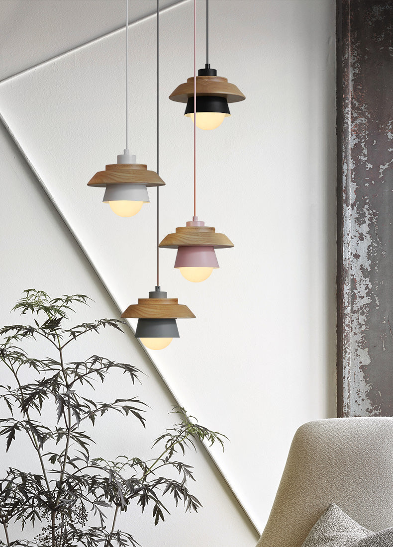 Nordic Wooden Pendant Light – Metal Shade, E27 Socket & Height-Adjustable Cable