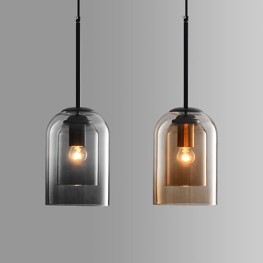 Mica Pendant Lamp – Mid-Century Style, Double Glass Shade & Iron Fixture
