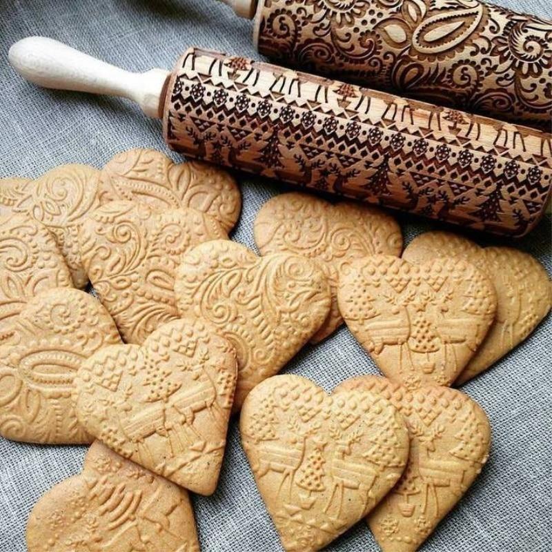 Christmas Embossing Rolling Pin – Engraved Pattern Roller for Cookies