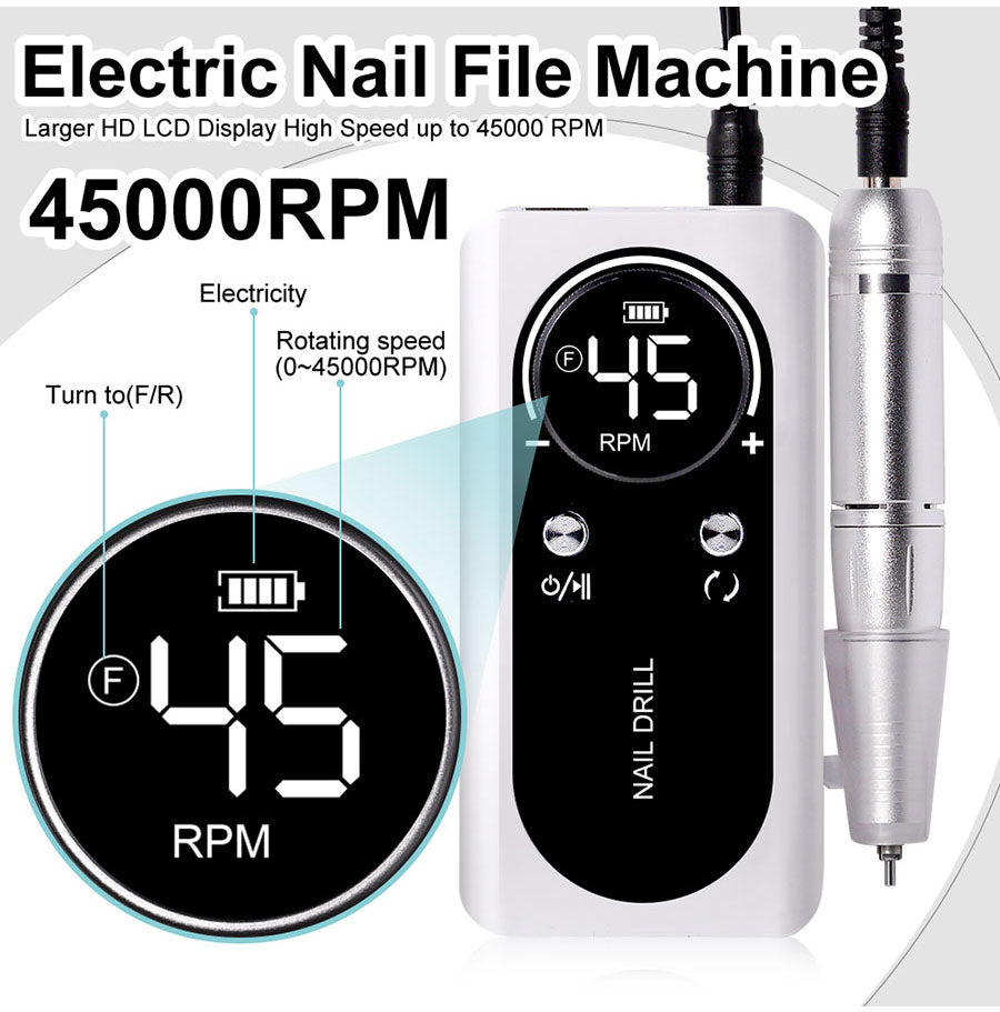 Professional 45,000 RPM Portable Electric Nail File - Rechargeable Battery, Low Noise Manicure Tool for Salon-Quality Nails