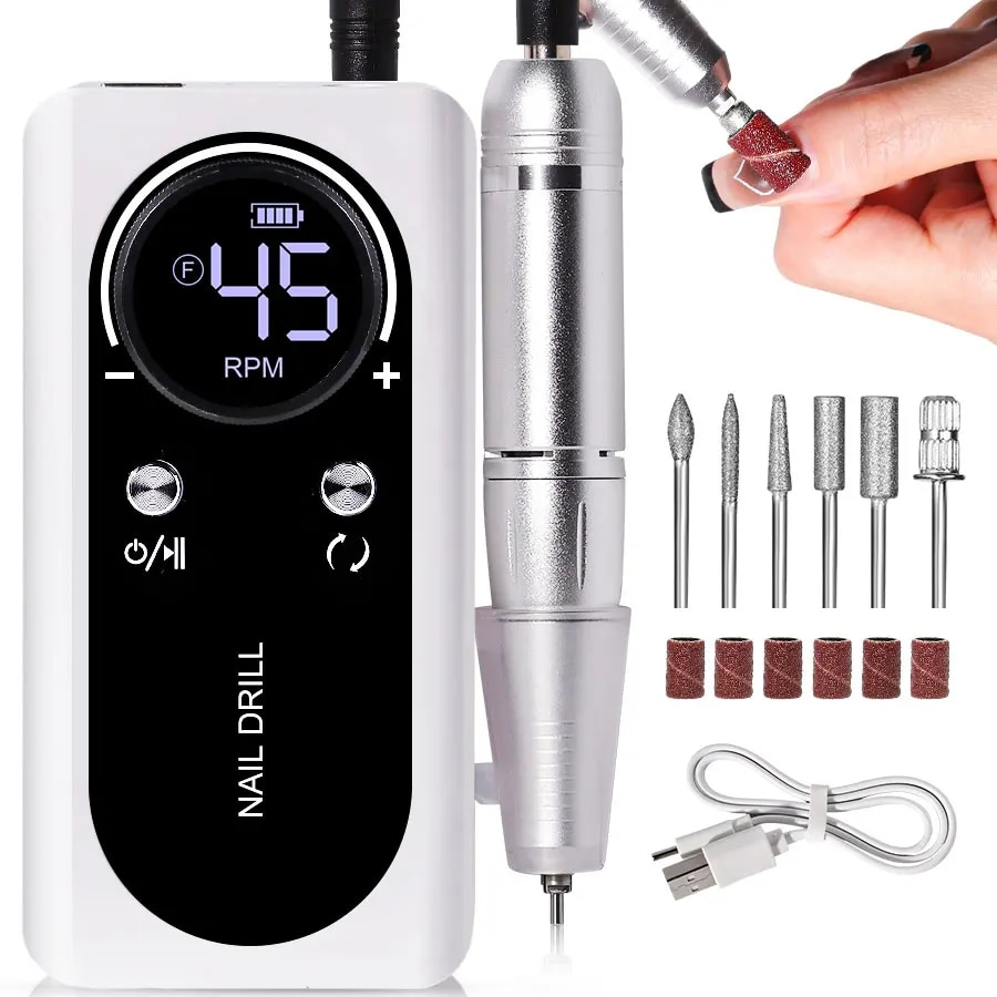 Professional 45,000 RPM Portable Electric Nail File - Rechargeable Battery, Low Noise Manicure Tool for Salon-Quality Nails