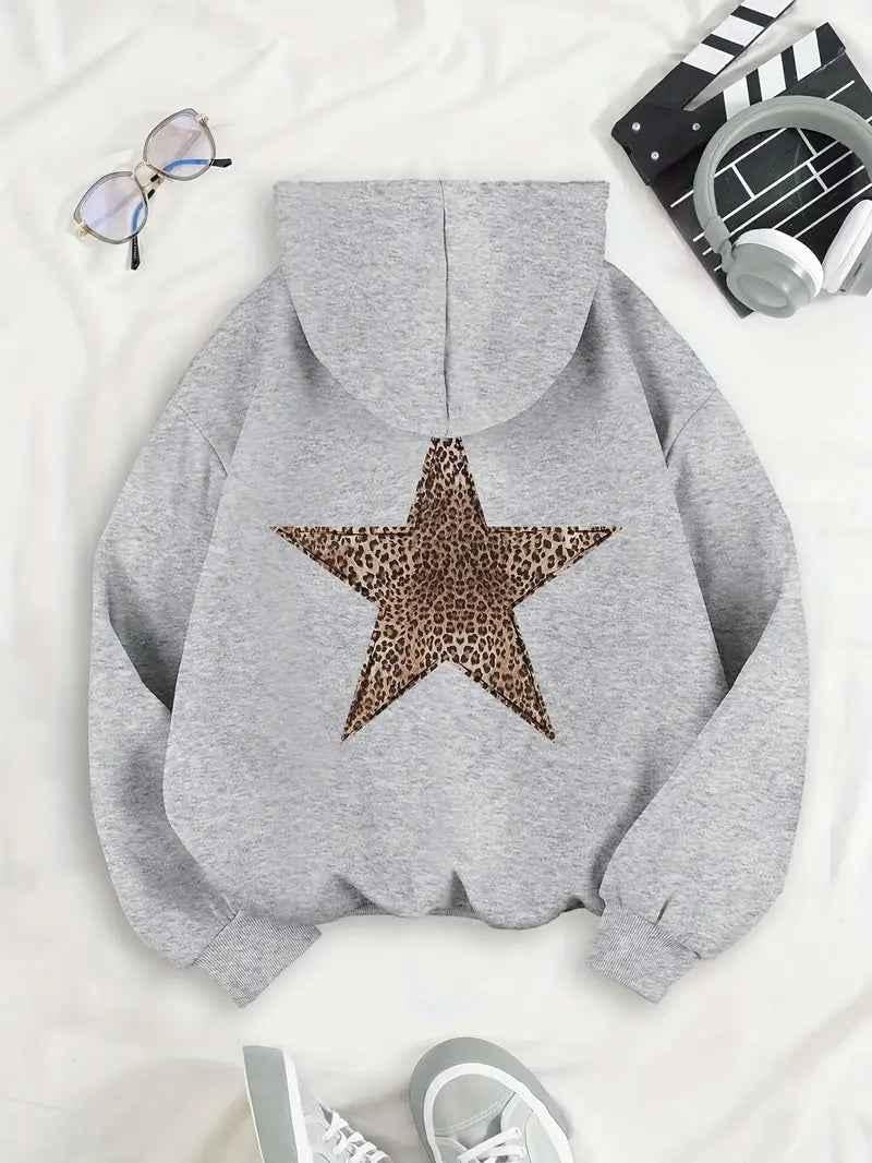 Women's Pullover Fleece Hoodie with Drawstring Hood & Leopard Star Back Design - Cozy & Stylish Sweatshirt