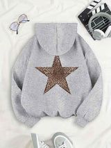 Women's Pullover Fleece Hoodie with Drawstring Hood & Leopard Star Back Design - Cozy & Stylish Sweatshirt