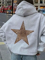 Women's Pullover Fleece Hoodie with Drawstring Hood & Leopard Star Back Design - Cozy & Stylish Sweatshirt