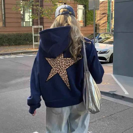 Women's Pullover Fleece Hoodie with Drawstring Hood & Leopard Star Back Design - Cozy & Stylish Sweatshirt