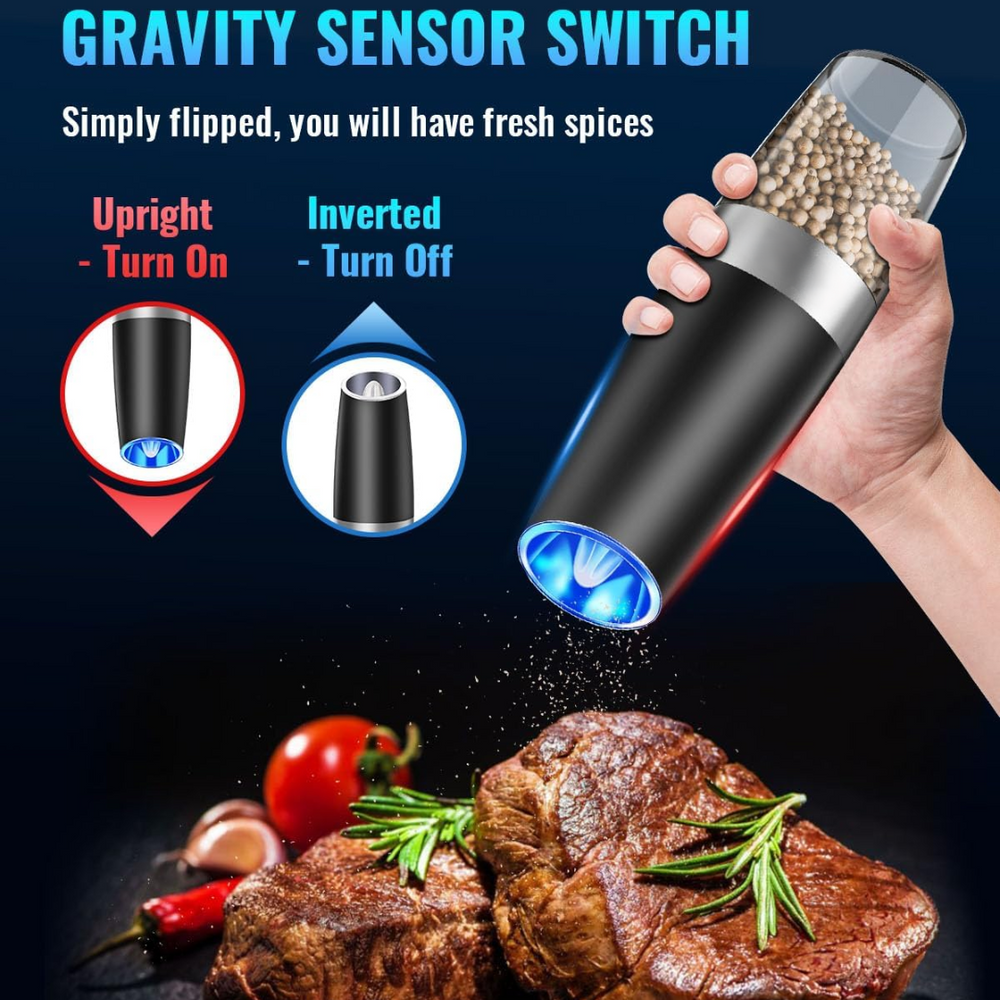 Rechargeable Electric Pepper and Salt Mill Set - GrindMaster Duo with Adjustable Coarseness & LED Light