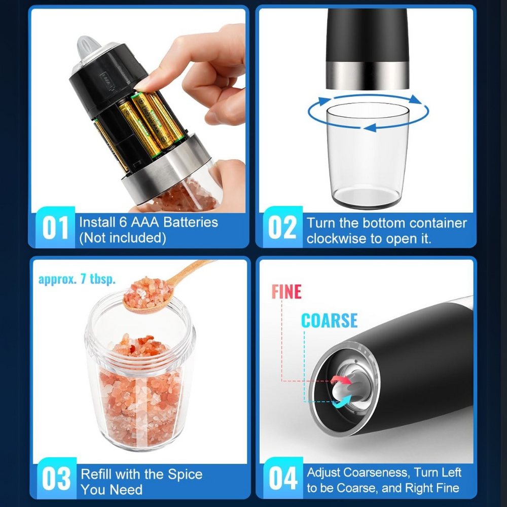 Rechargeable Electric Pepper and Salt Mill Set - GrindMaster Duo with Adjustable Coarseness & LED Light