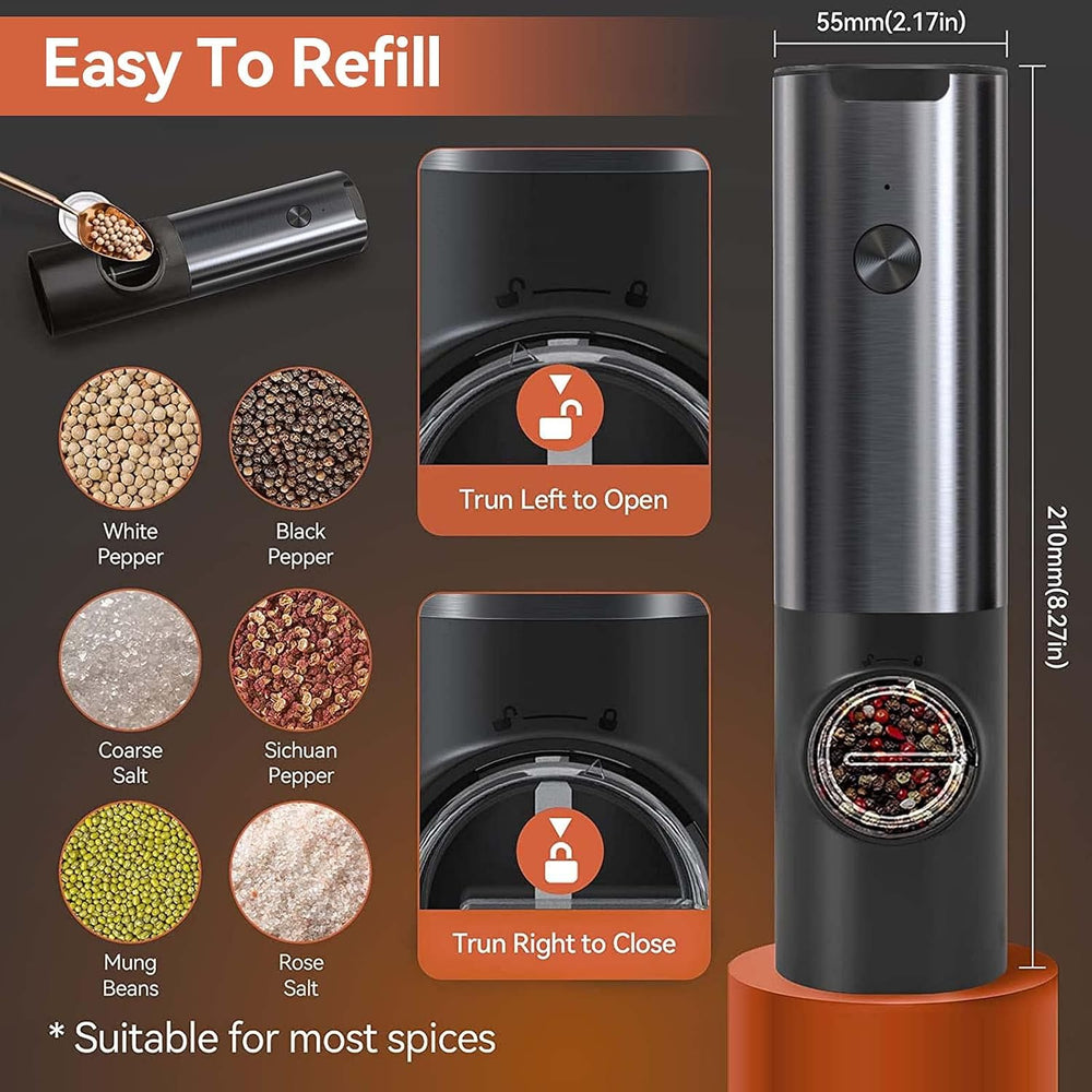 Enhanced Product Title: "Rechargeable Electric Salt and Pepper Mill Set - Adjustable Coarseness, Stainless Steel, Ergonomic Design" 

This title includes keywords that potential buyers might search for while also highlighting key features of the product.