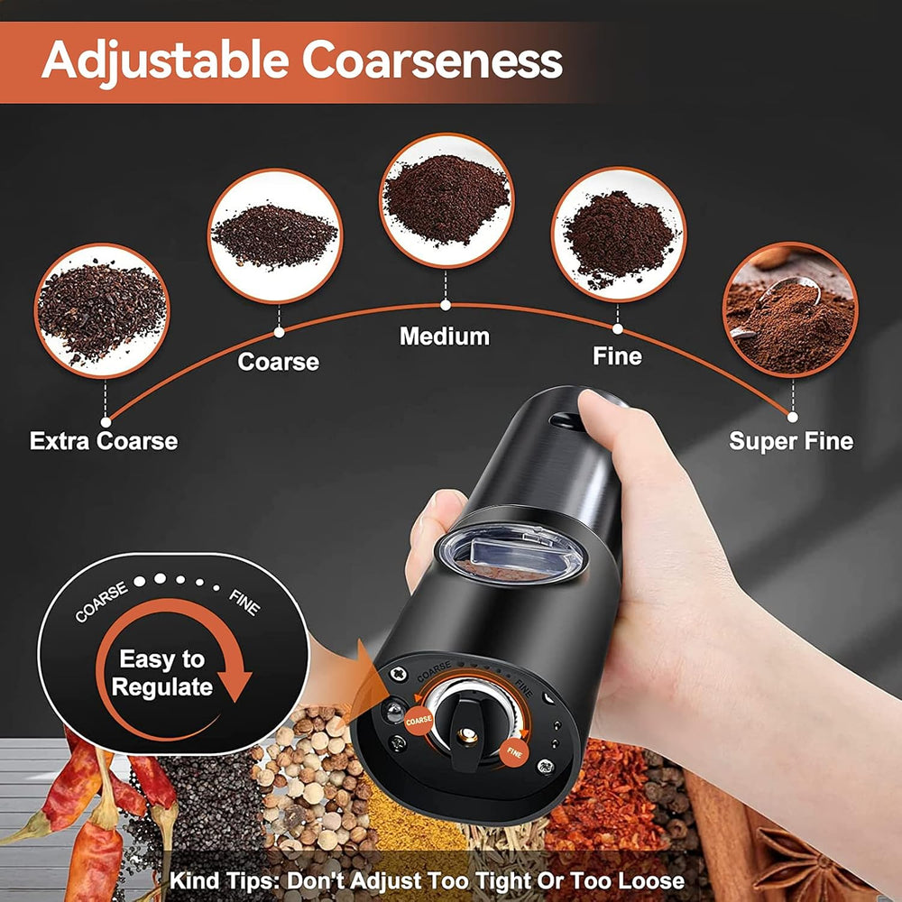 Enhanced Product Title: "Rechargeable Electric Salt and Pepper Mill Set - Adjustable Coarseness, Stainless Steel, Ergonomic Design" 

This title includes keywords that potential buyers might search for while also highlighting key features of the product.