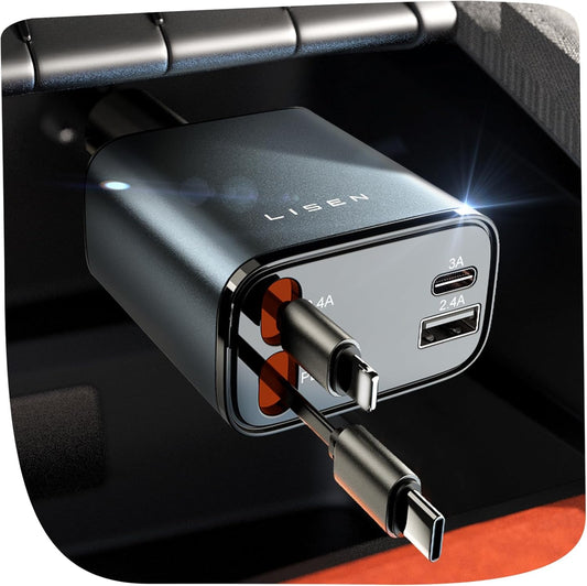 69W Retractable USB-C Car Charger – Fast Charging for Smartphones, Tablets & Laptops