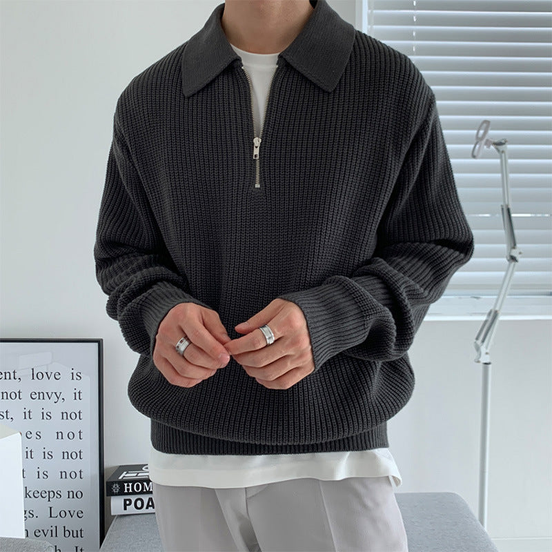 Rib Knit Sweater with Quarter Zip and Spread Collar