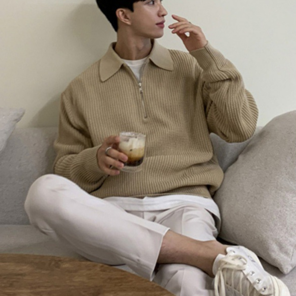 Rib Knit Sweater with Quarter Zip and Spread Collar