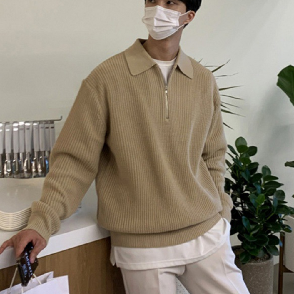 Rib Knit Sweater with Quarter Zip and Spread Collar