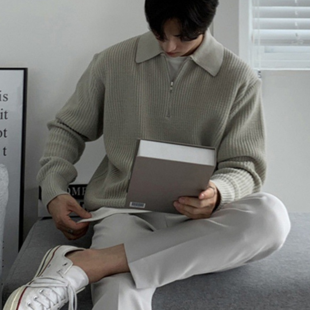 Rib Knit Sweater with Quarter Zip and Spread Collar