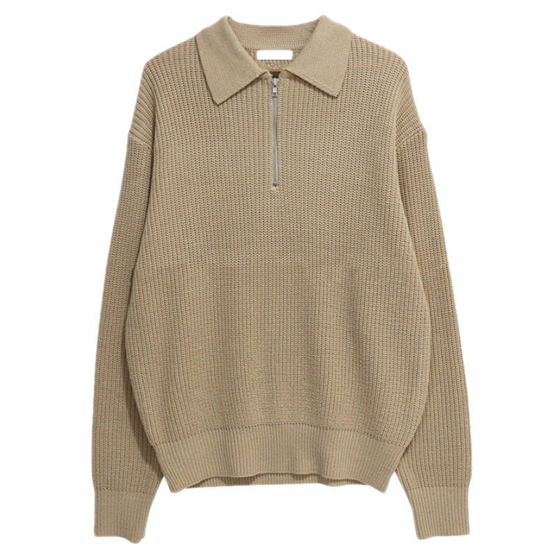 Rib Knit Sweater with Quarter Zip and Spread Collar