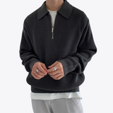 Rib Knit Sweater with Quarter Zip and Spread Collar
