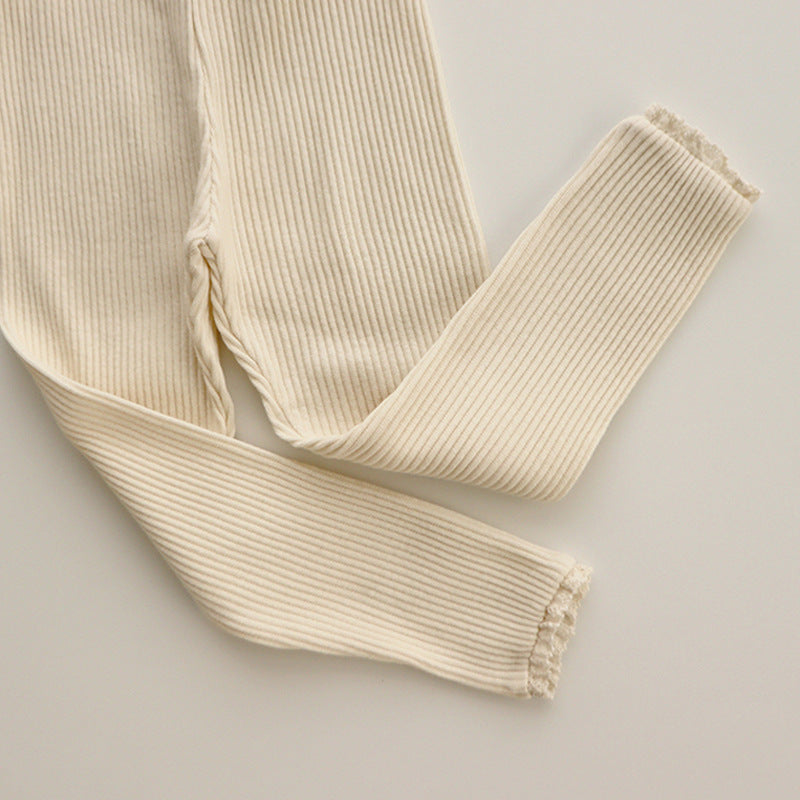 Girls' Ribbed Lace Trim Baby Leggings - Stylish & Comfortable Infant Pants