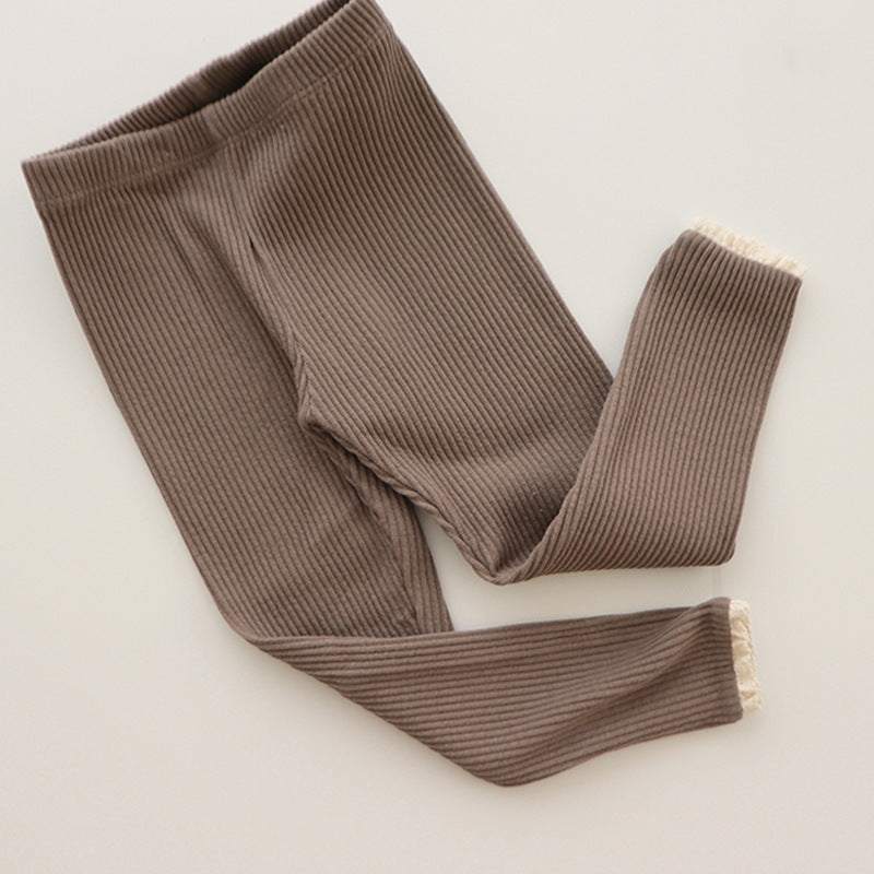 Girls' Ribbed Lace Trim Baby Leggings - Stylish & Comfortable Infant Pants
