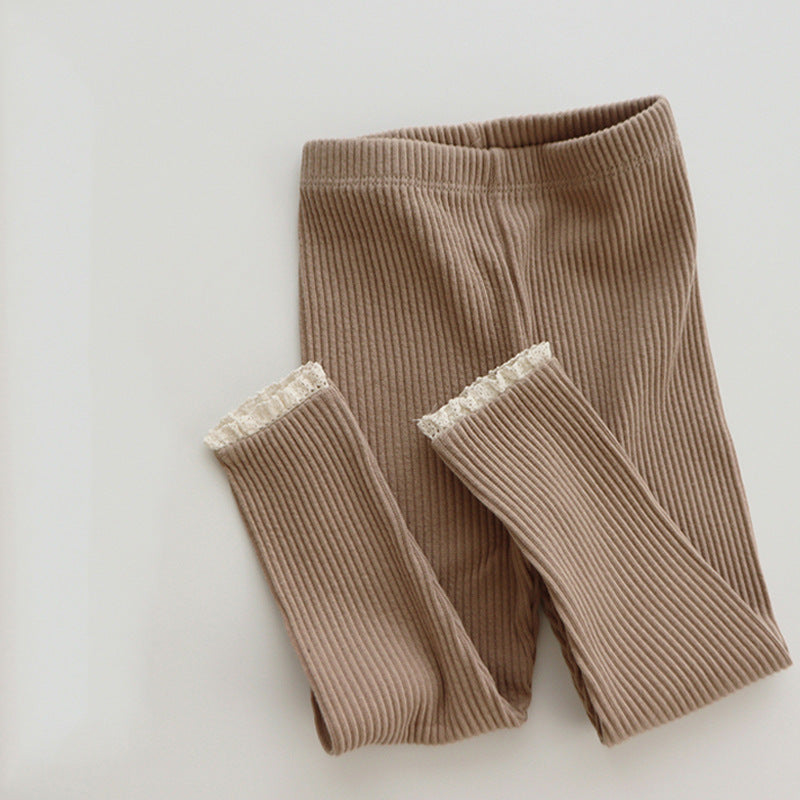 Girls' Ribbed Lace Trim Baby Leggings - Stylish & Comfortable Infant Pants