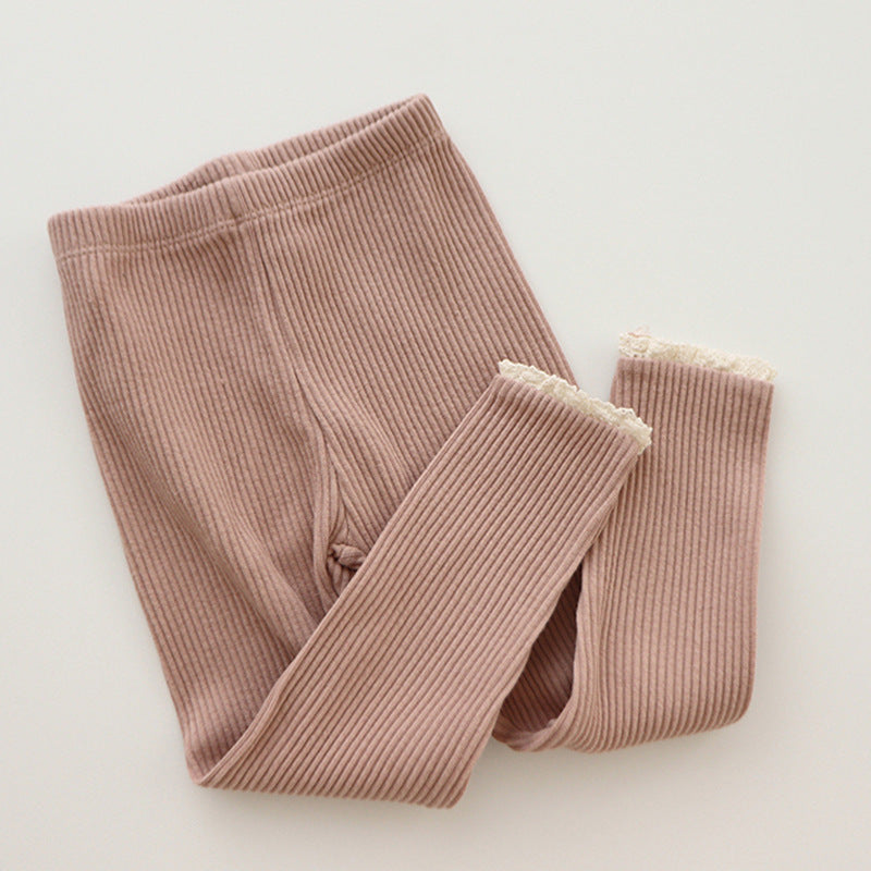 Girls' Ribbed Lace Trim Baby Leggings - Stylish & Comfortable Infant Pants