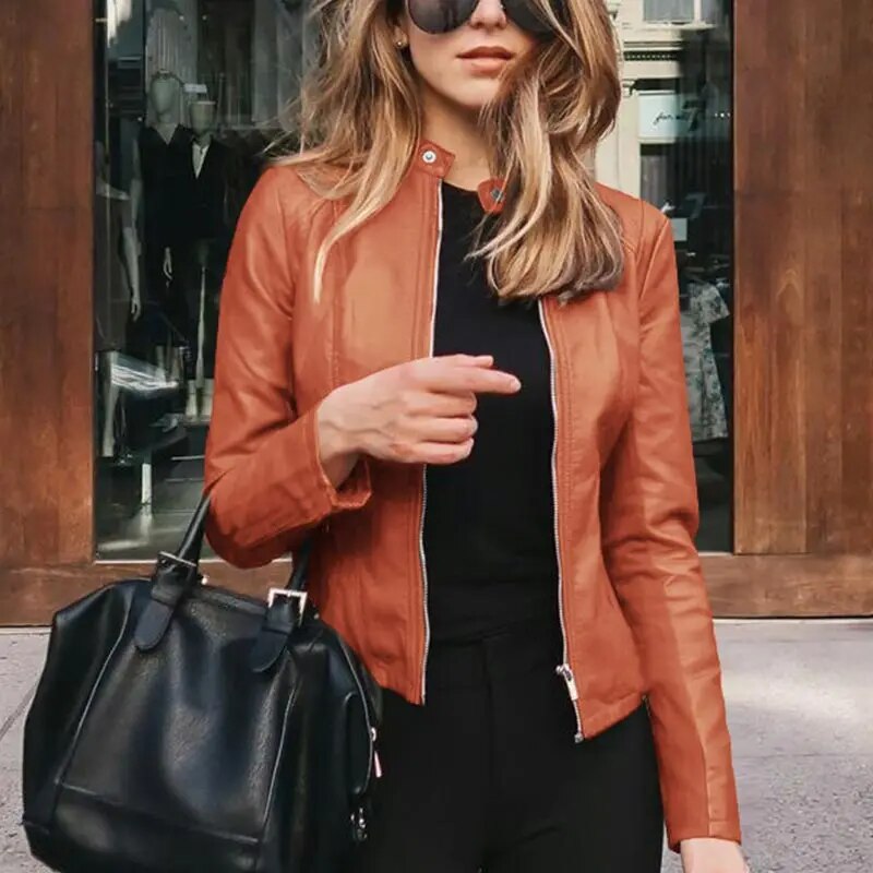 Women's cropped leather jacket, view 6