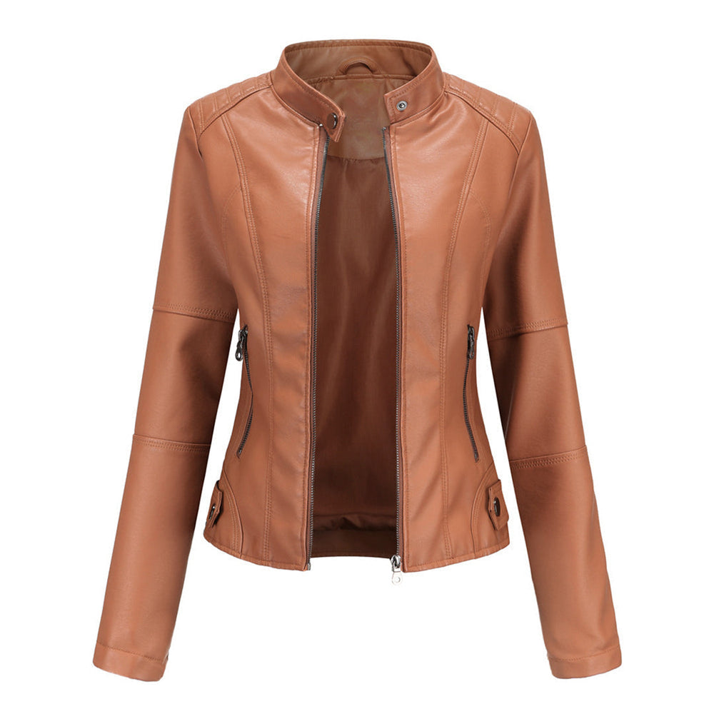 Women's zip-up leather jacket, view 5
