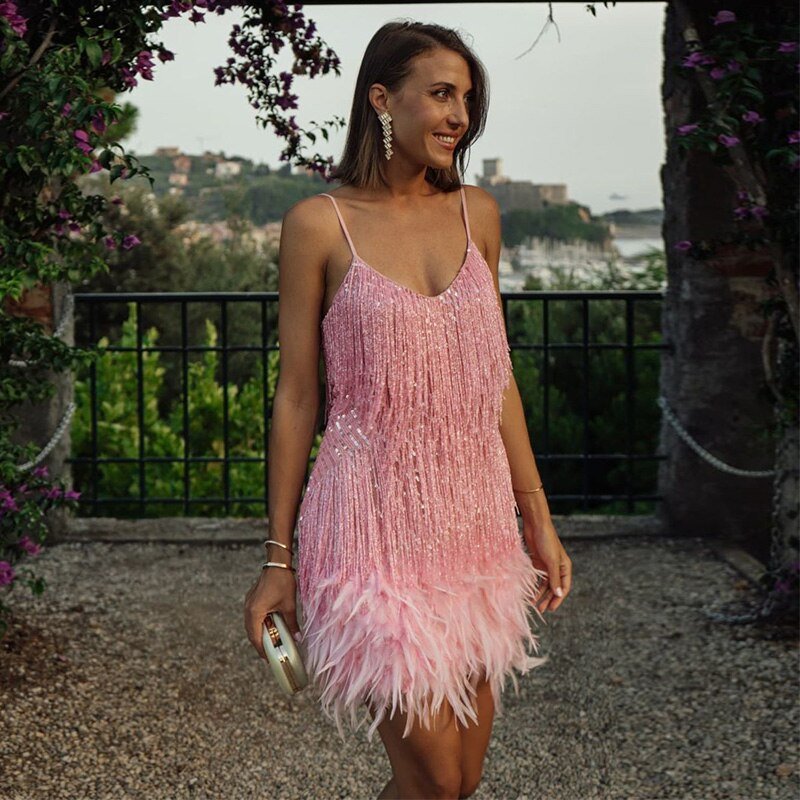 Elegant Sparkling Mini Dress with Feather Trim - Perfect for Parties & Special Occasions