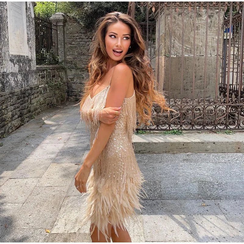Elegant Sparkling Mini Dress with Feather Trim - Perfect for Parties & Special Occasions