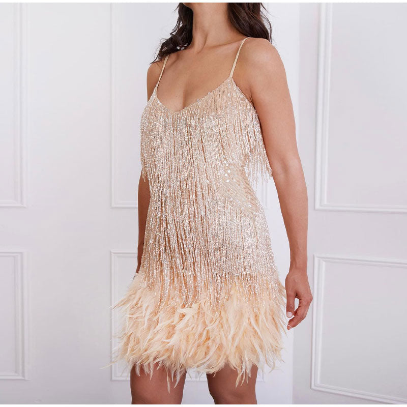 Elegant Sparkling Mini Dress with Feather Trim - Perfect for Parties & Special Occasions
