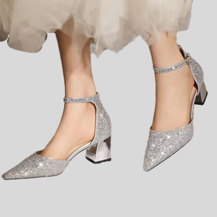 Selena glittery high heels with ankle strap in silver
