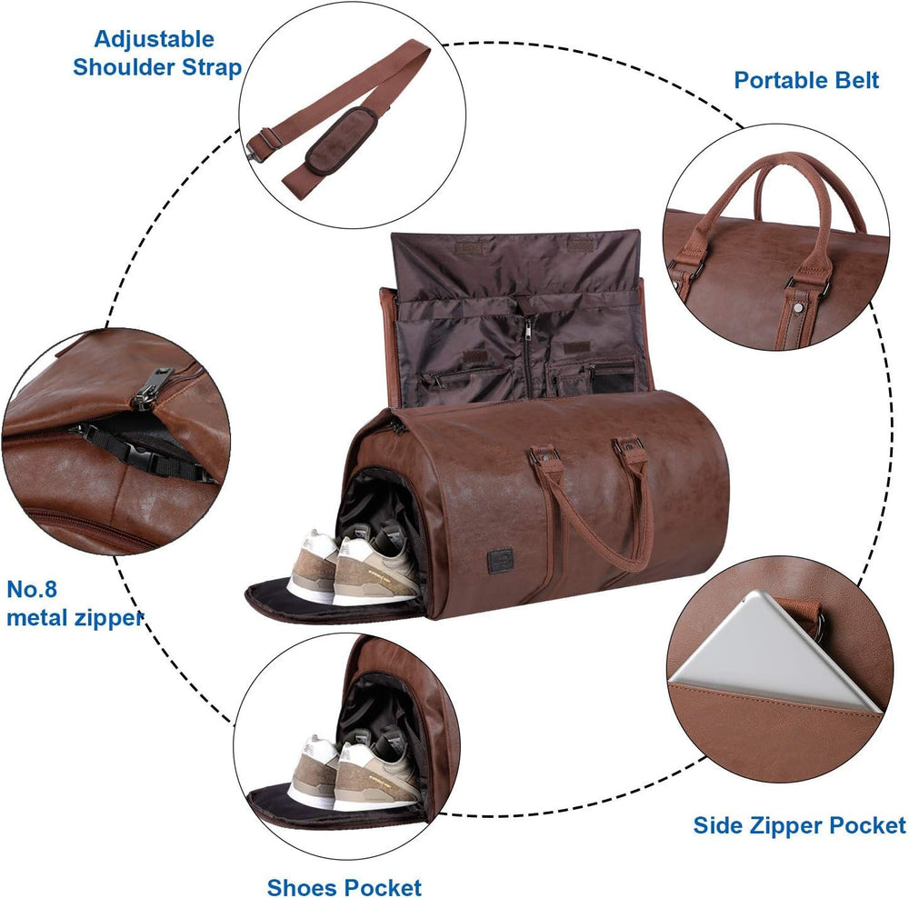 Convertible PU Leather Duffel Bag - Stylish Carry-On Weekender & Travel Suit Case