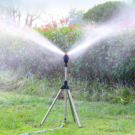 360° Lawn Sprinkler with Tripod – Stainless Steel, 12m Range & Adjustable Height