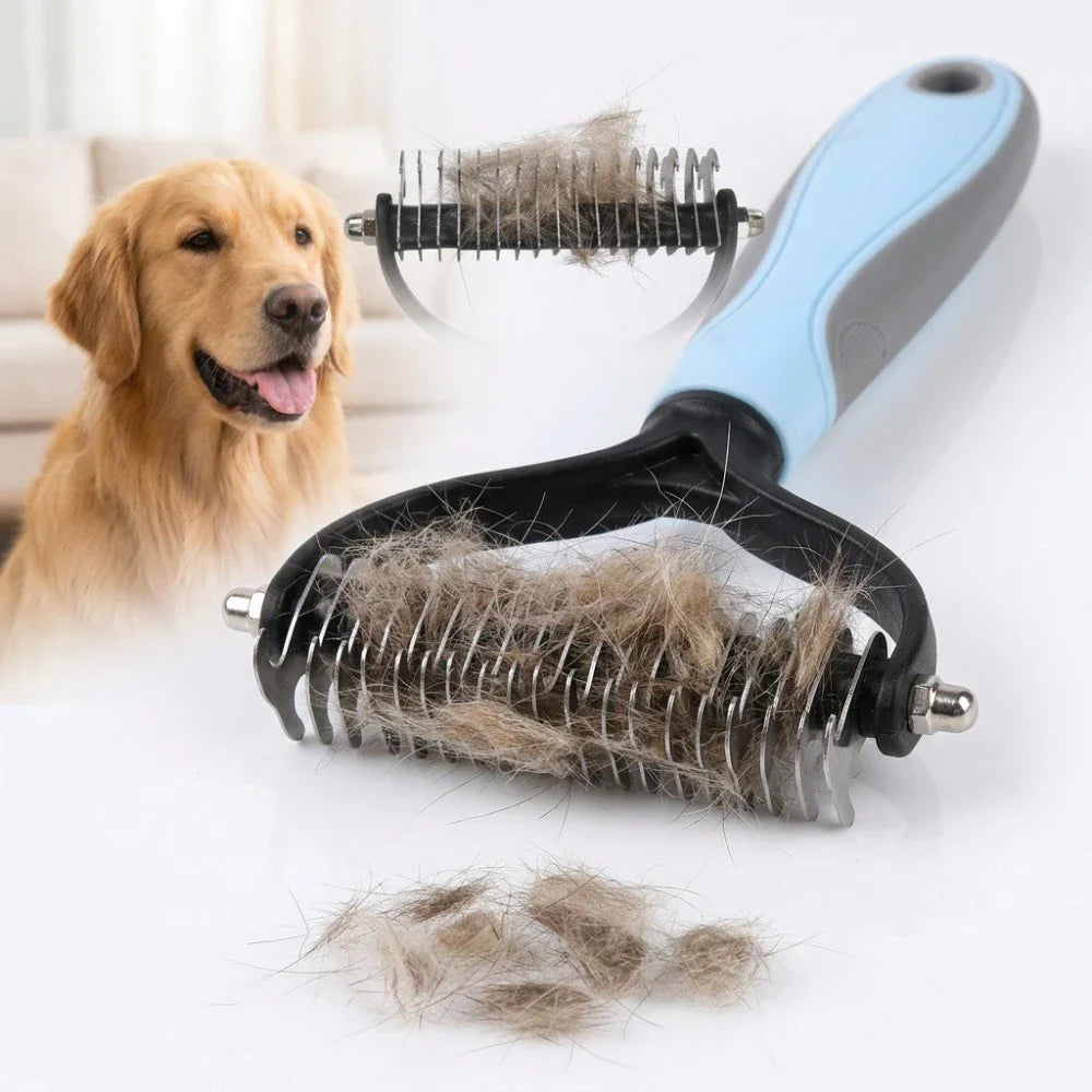 Double-Sided Pet Dematting Brush – Stainless Steel Teeth, Dogs & Cats, Non-Slip Grip