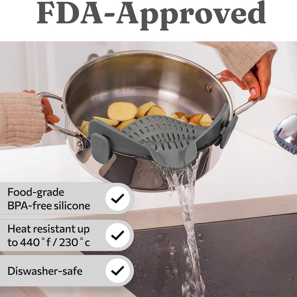 Heat-Resistant Silicone Clip-On Strainer - Perfect Colander for Pasta, Vegetables, and More
