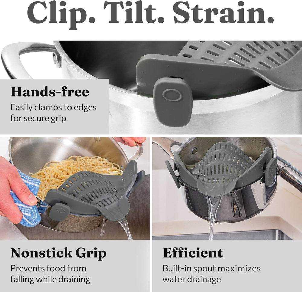 Heat-Resistant Silicone Clip-On Strainer - Perfect Colander for Pasta, Vegetables, and More