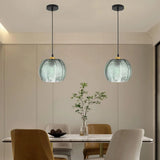 Pumpkin Ribbed Glass Pendant Lamp | Retro Green Hanging Light