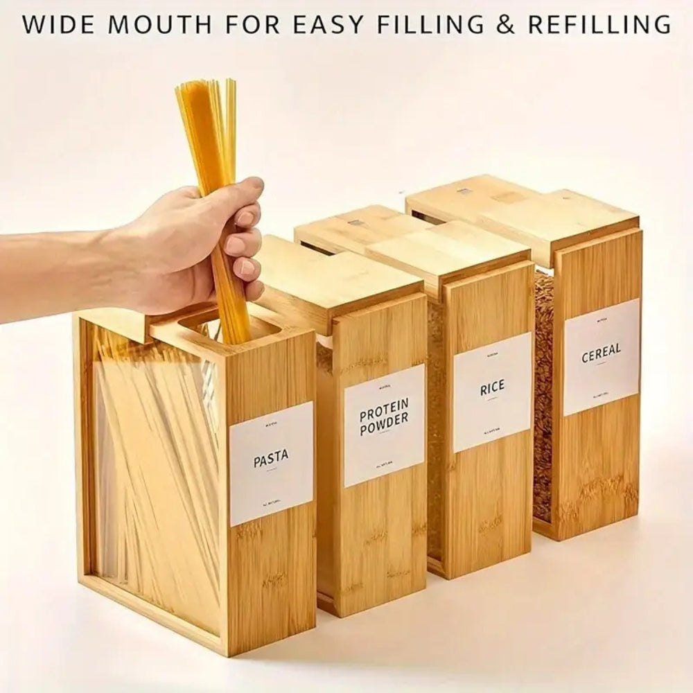 Premium Sliding Bamboo Wood Pasta & Grain Storage Container - Eco-Friendly Kitchen Organizer