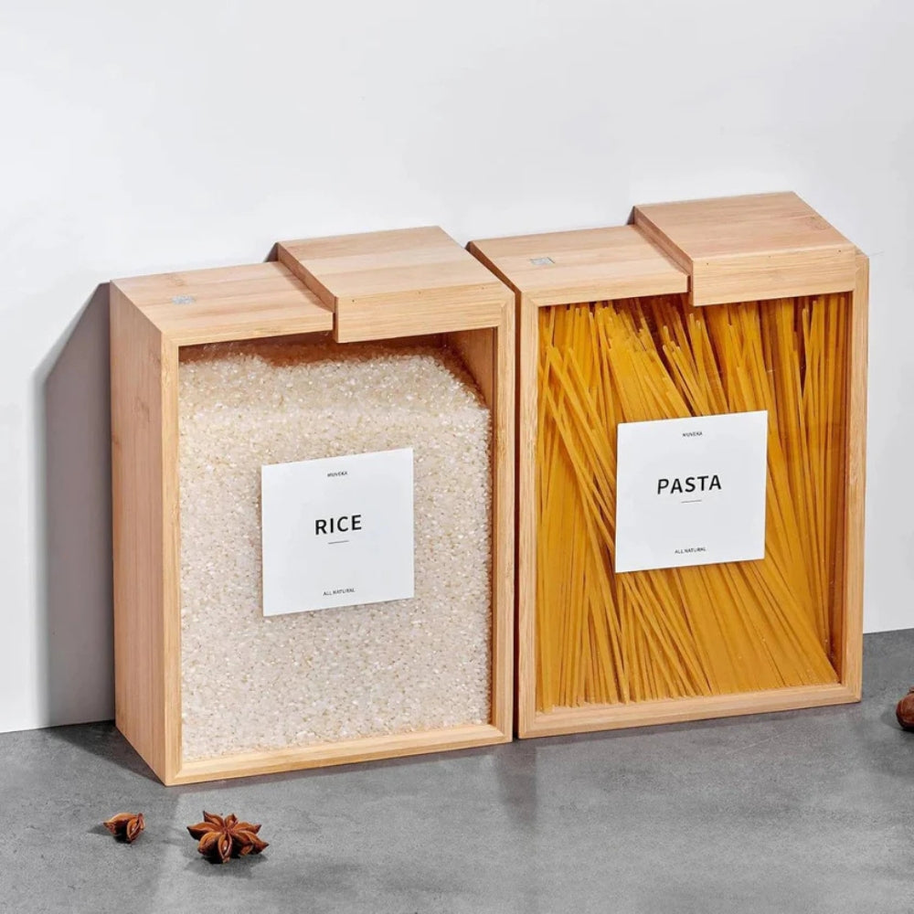 Premium Sliding Bamboo Wood Pasta & Grain Storage Container - Eco-Friendly Kitchen Organizer