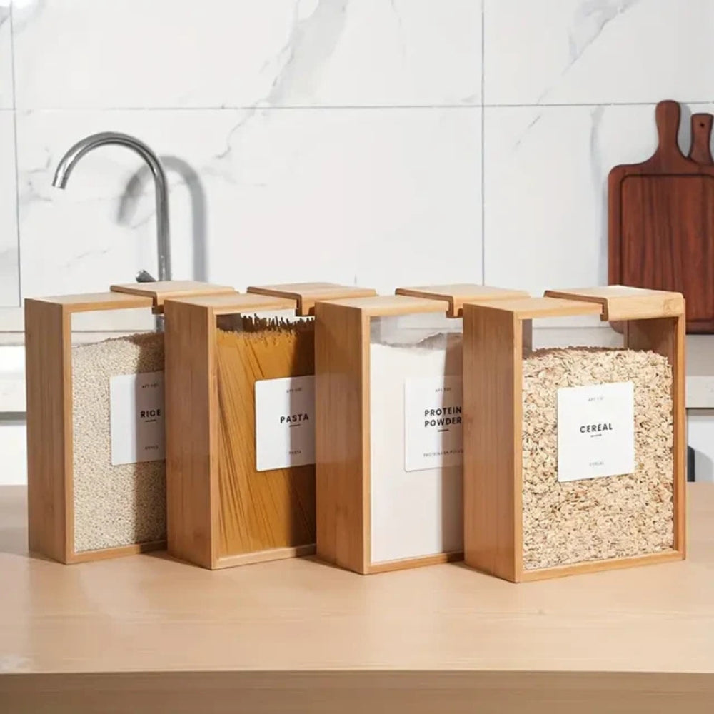 Premium Sliding Bamboo Wood Pasta & Grain Storage Container - Eco-Friendly Kitchen Organizer