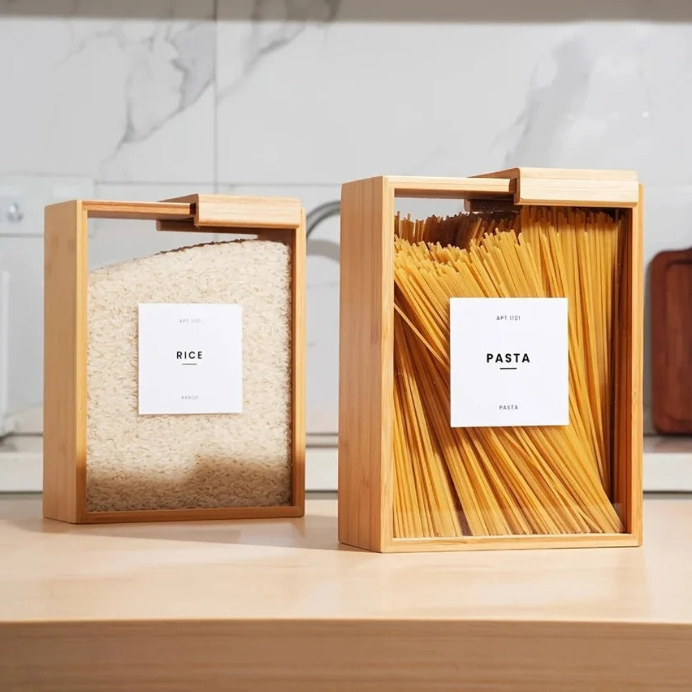 Premium Sliding Bamboo Wood Pasta & Grain Storage Container - Eco-Friendly Kitchen Organizer