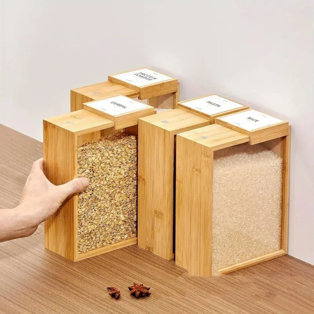 Premium Sliding Bamboo Wood Pasta & Grain Storage Container - Eco-Friendly Kitchen Organizer