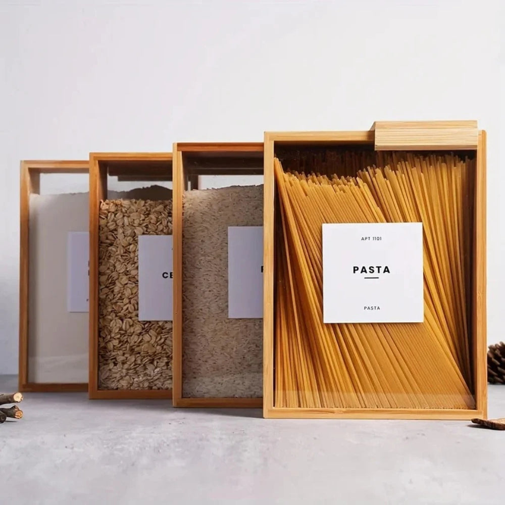 Premium Sliding Bamboo Wood Pasta & Grain Storage Container - Eco-Friendly Kitchen Organizer