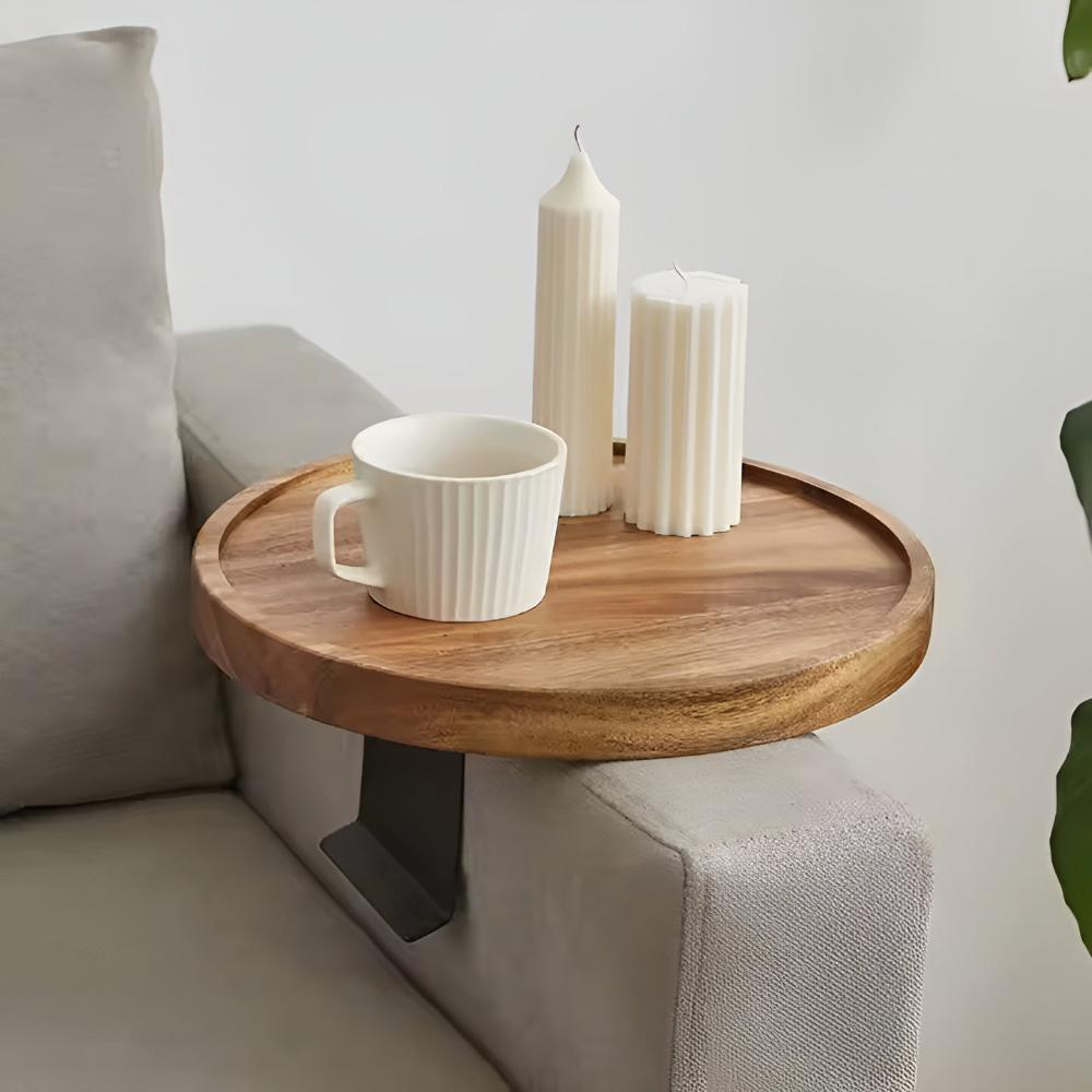 Elegant Walnut-Finished Wooden Sofa Armrest Tray - Perfect for Drinks & Snacks