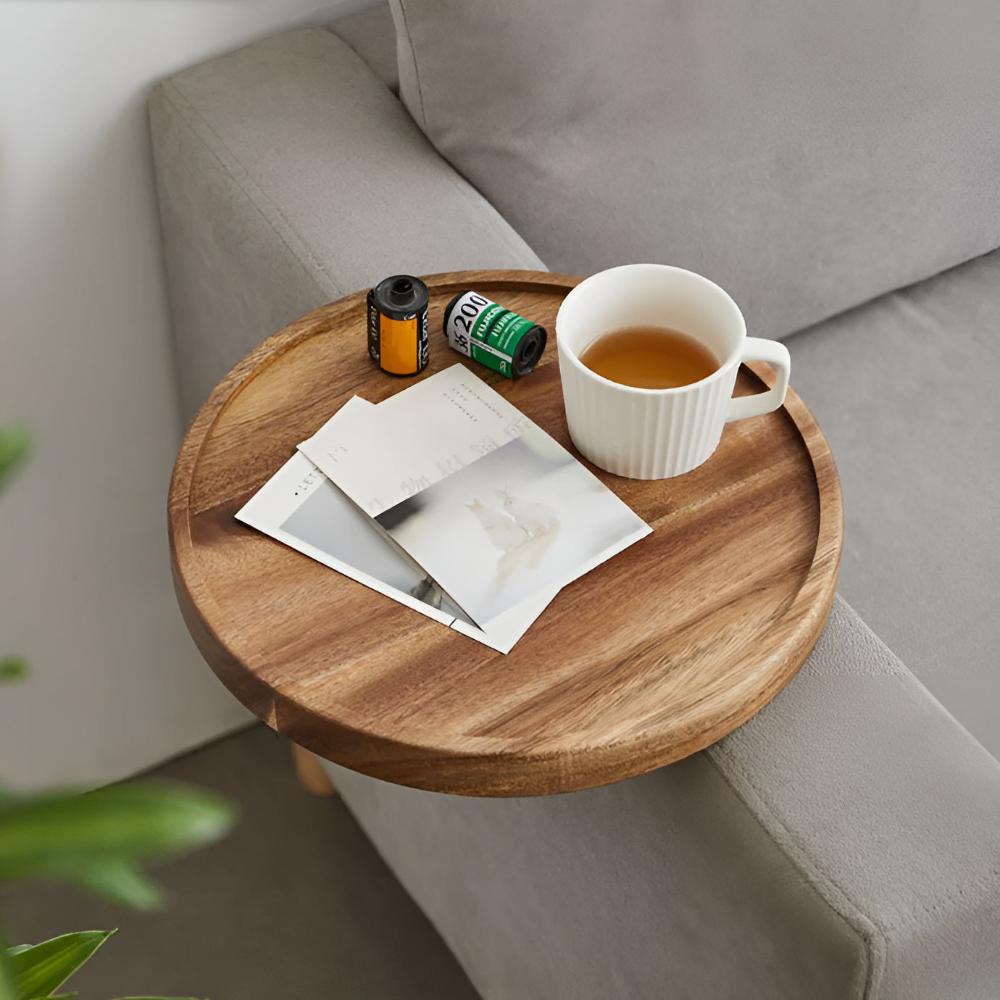 Elegant Walnut-Finished Wooden Sofa Armrest Tray - Perfect for Drinks & Snacks